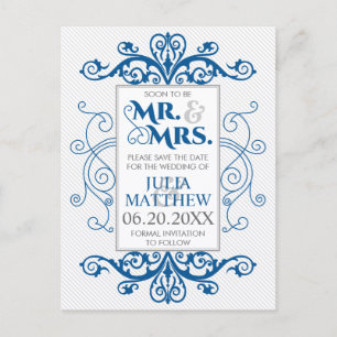 Royal Blue Vintage Swirls Wedding Save The Date Announcement Postcard