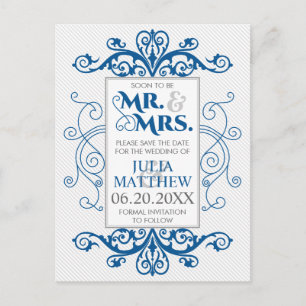 Royal Blue Vintage Swirls Wedding Save The Date Announcement Postcard