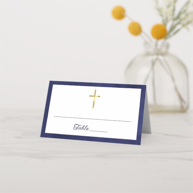 Royal Blue Watercolor Baptism Boy Place Card (Front)