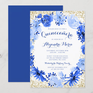 Royal Blue Watercolor Floral Gold Quinceanera Invitation