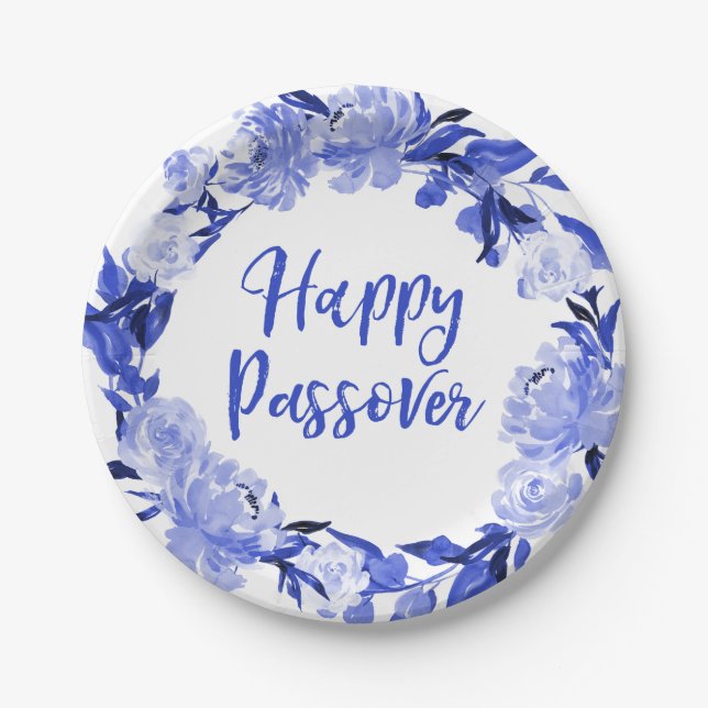 Royal Blue Watercolor Floral Happy Passover Paper Plate (Front)
