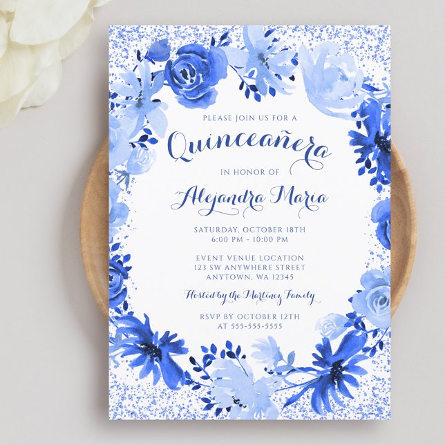 Royal Blue Watercolor Floral Quinceanera Invitation (Creator Uploaded)