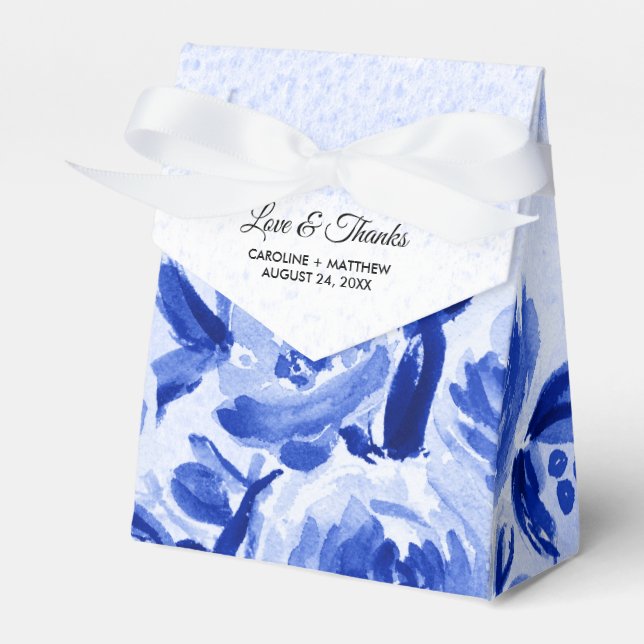 Royal Blue Watercolor Floral Wedding Favour Boxes (Front Side)