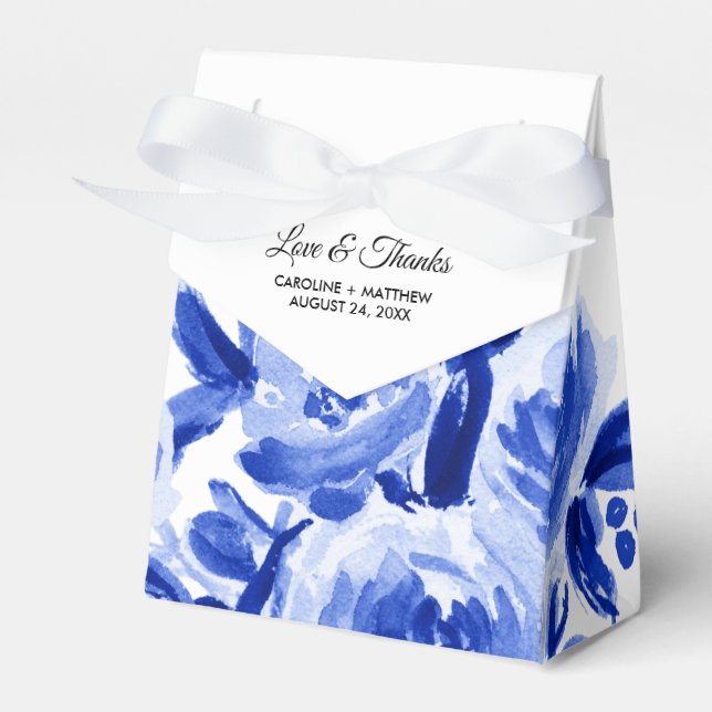 Royal Blue Watercolor Floral Wedding Favour Boxes (Front Side)