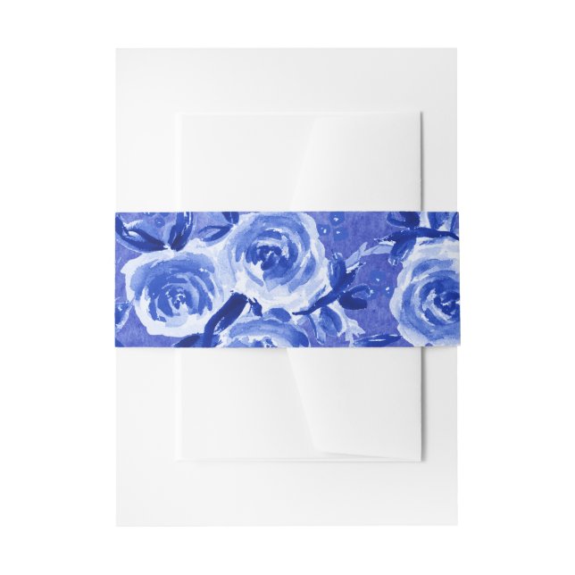 Royal Blue Watercolor Floral Wedding  Invitation Belly Band (Front Example)