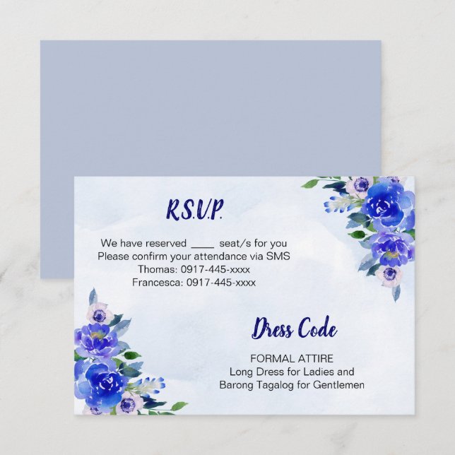 Royal Blue Watercolor Floral Wedding RSVP Card (Front/Back)