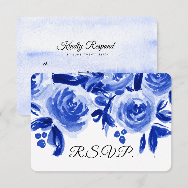 Royal Blue Watercolor Floral Wedding RSVP Cards (Front/Back)