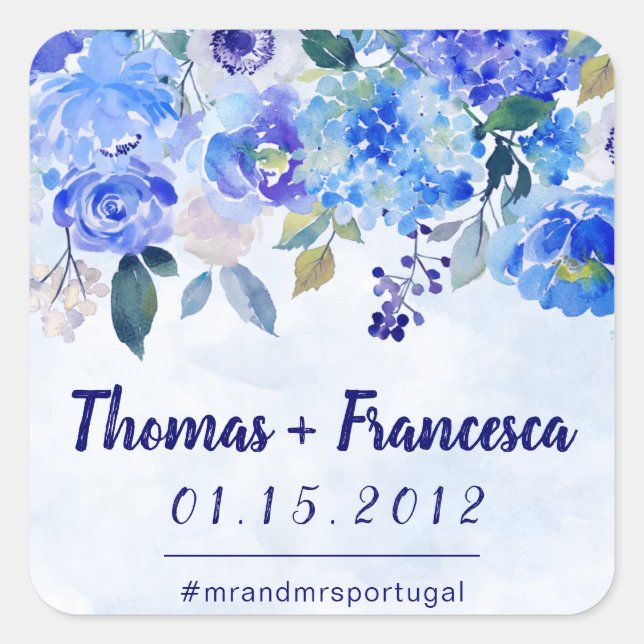 Royal Blue Watercolor Floral Wedding Stickers (Front)