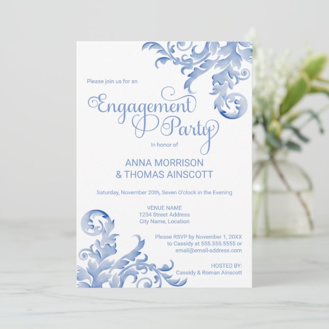 Royal Blue Watercolor Flourish Engagement Party Invitation (Standing Front)