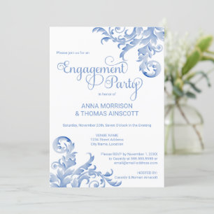 Royal Blue Watercolor Flourish Engagement Party Invitation