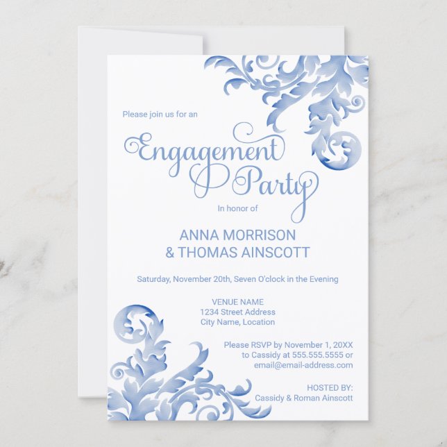 Royal Blue Watercolor Flourish Engagement Party Invitation (Front)