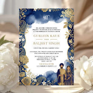 Royal Blue Watercolor Gold Paisley Sikh Wedding Invitation