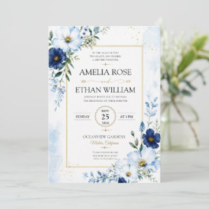 Royal Blue Watercolor Leaf Wedding Invitation