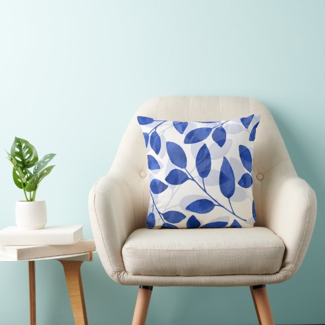 Royal Blue Watercolor Leaves Cushion (Chair)