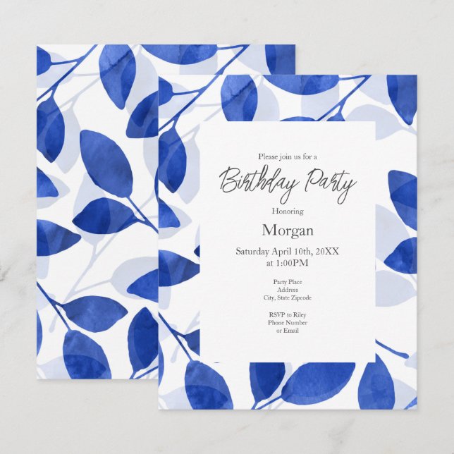 Royal Blue Watercolor Leaves   Invitation (Front/Back)