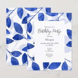 Royal Blue Watercolor Leaves   Invitation