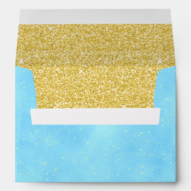 Royal Blue Watercolor Sparkles Gold Glitter Pretty Envelope (Back (Bottom))