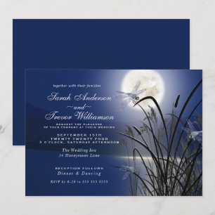 Royal Blue Wedding Full Moon Dragonfly Pond  Invitation
