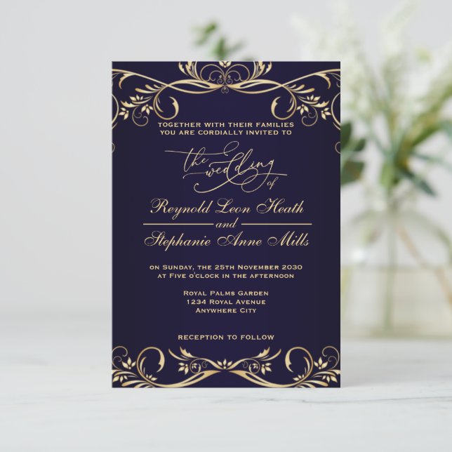 Royal blue wedding invitation (Standing Front)