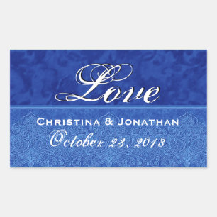 Royal Blue Wedding Love Damask and Ribbon Rectangular Sticker