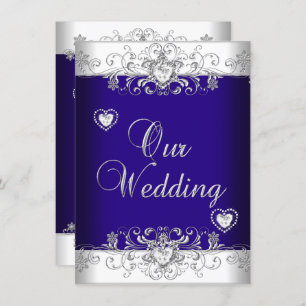 Royal Blue Wedding Silver Diamond Hearts 2 Invitation