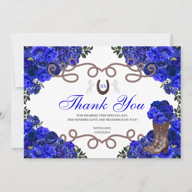 Royal Blue Western Charra Quinceanera Thank You  Card (Front)