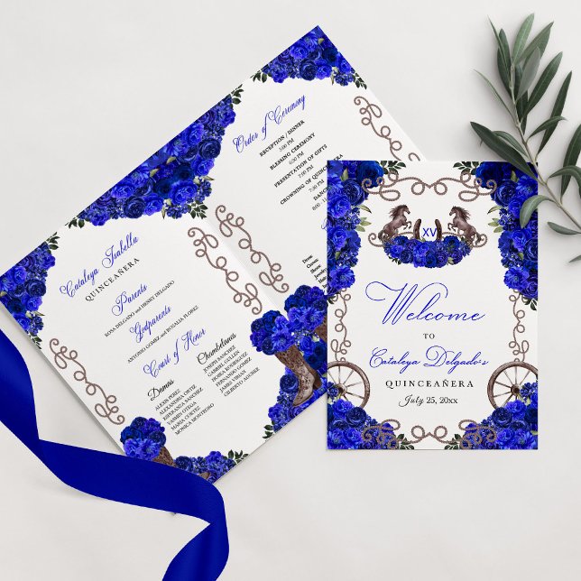 Royal Blue Western Charro Quinceañera Program Invitation (Creator Uploaded)