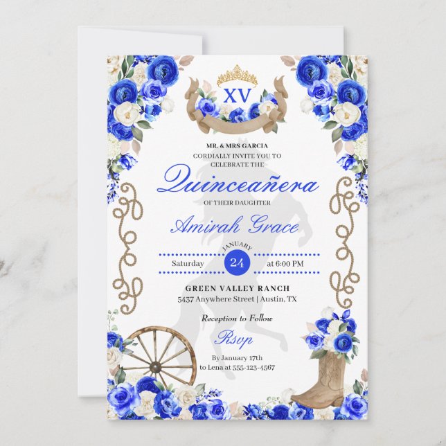 Royal Blue Western Cowgirl Quinceañera Invitation (Front)