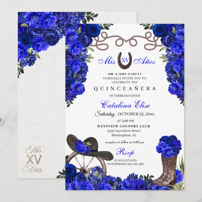 Royal Blue Western Ranchero Quinceanera Invitation (Front/Back)
