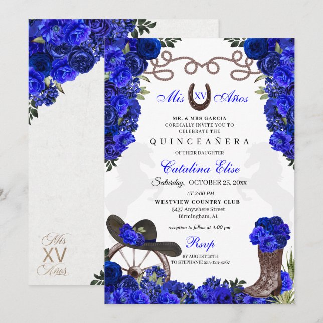 Royal Blue Western Ranchero Quinceanera Invitation (Front/Back)