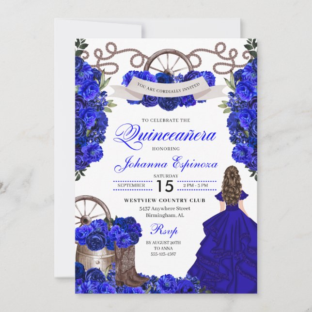 Royal Blue Western Ranchero Quinceanera Invitation (Front)