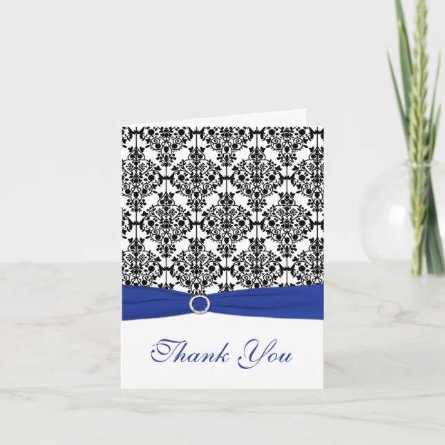Royal Blue, White, and Black Damask Thank You Card (Front)