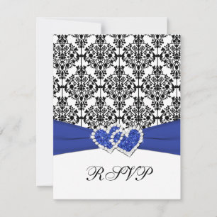Royal Blue, White, Black Damask & Hearts RSVP Card