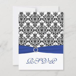 Royal Blue, White, Black Damask Reply Card