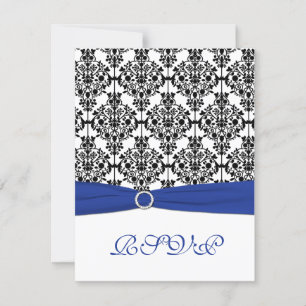 Royal Blue, White, Black Damask Reply Card