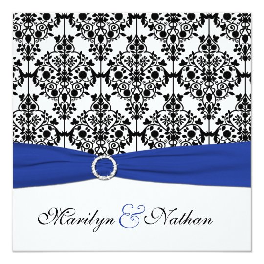Royal Blue, White, Black Damask Wedding Invitation