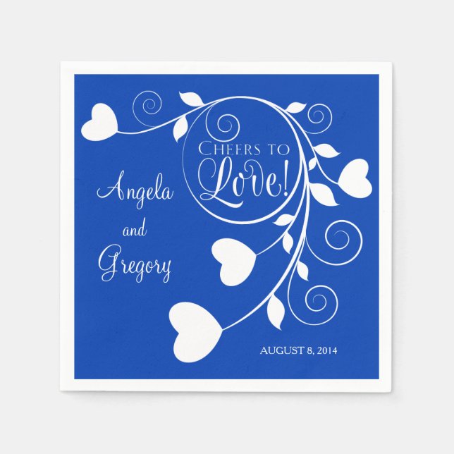 Royal Blue White Cheers to Love Heart Wedding Napkin (Front)