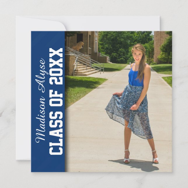 Royal Blue White Chevron Photo Graduation Invite (Front)