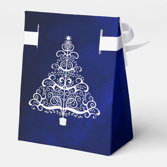 Royal Blue White Christmas Tree Wedding Favour Box (Back Side)
