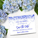 Royal blue white confetti birthday party save the date<br><div class="desc">A chic white background decorated with royal blue confetti. Personalise and add a date and name/age.  The text: Save the Date is written with a large trendy hand lettered style script.  Royal blue letters.</div>