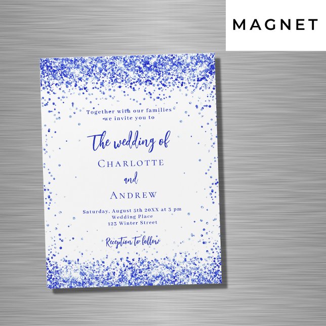 Royal blue white confetti luxury wedding magnetic invitation (Creator Uploaded)