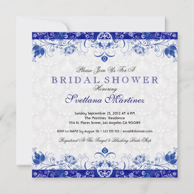 Royal Blue & White Damask Bridal Shower Invitation (Front)