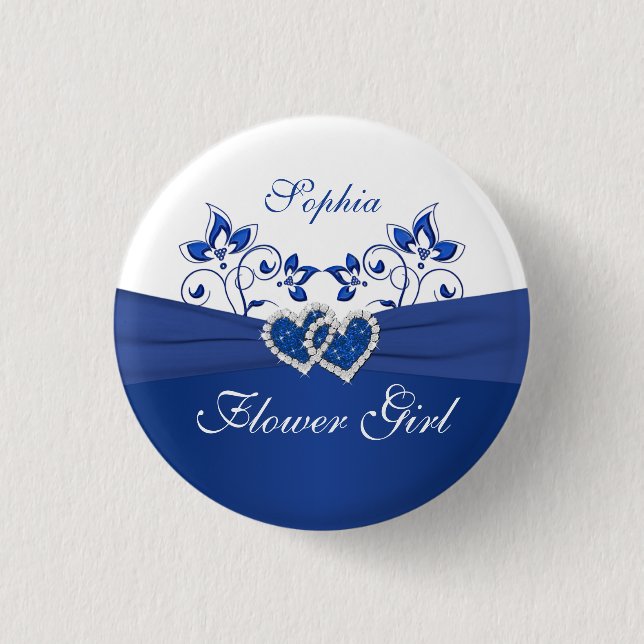 Royal Blue, White Floral Flower Girl Pin (Front)