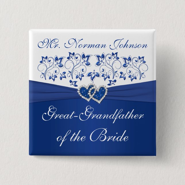 Royal Blue White Floral Grandfather of the Bride 15 Cm Square Badge (Front)