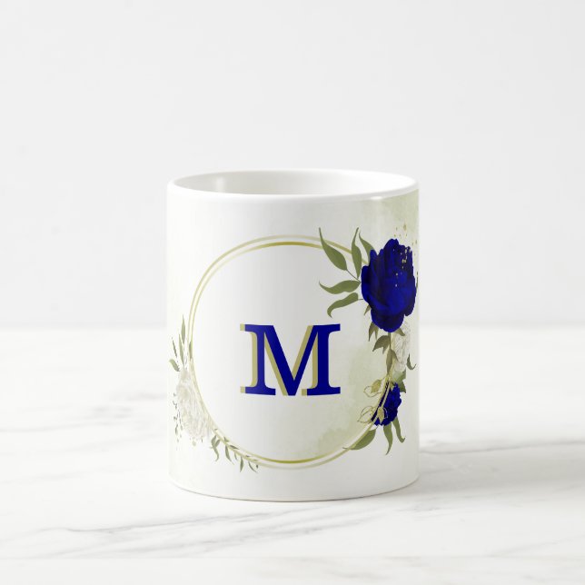 royal blue white floral greenery  coffee mug (Center)