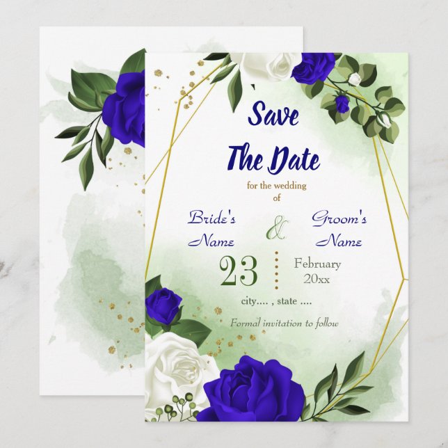 royal blue white floral greenery gold geometric save the date (Front/Back)