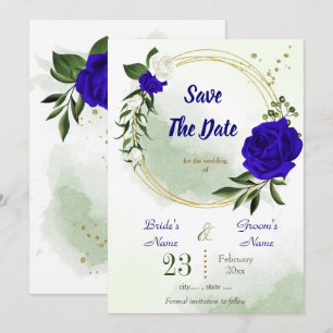 royal blue white floral greenery gold wreath save the date
