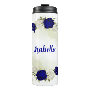 royal blue white floral greenery thermal tumbler