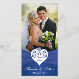 Royal Blue, White Floral Heart Wedding Photo Card