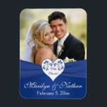 Royal Blue White Floral Heart Wedding Photo Magnet<br><div class="desc">This 3x4 or 4x5 inch size royal blue and white floral flexible wedding favour thank you photo magnet has a PRINTED ribbon on it with a white and blue heart that matches the wedding invitation shown below. ***PLEASE NOTE that if you change the font or size of the font, it...</div>
